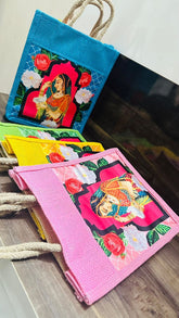 Jute Bags with Maharani Print for Return Gifts Thamboolam Bags Wedding Gifts Lunch Bag Multicolor 10*9*4 inches Gifts